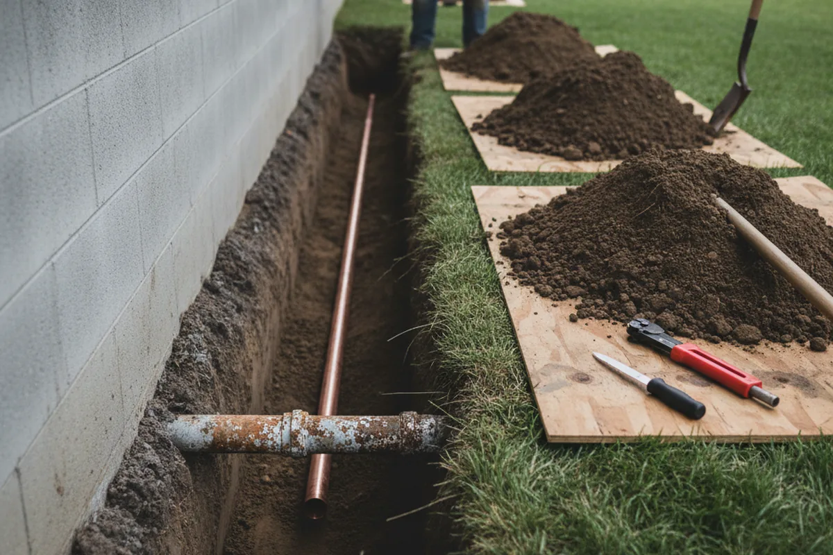 Excavated water line trench during Water Heater Repair in Delmont